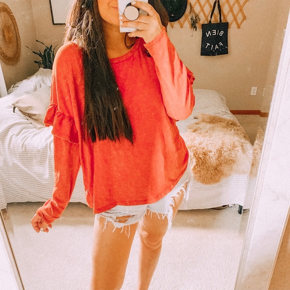 Universal Thread Tops - Orange mineral wash ruffle sleeve oversized tee